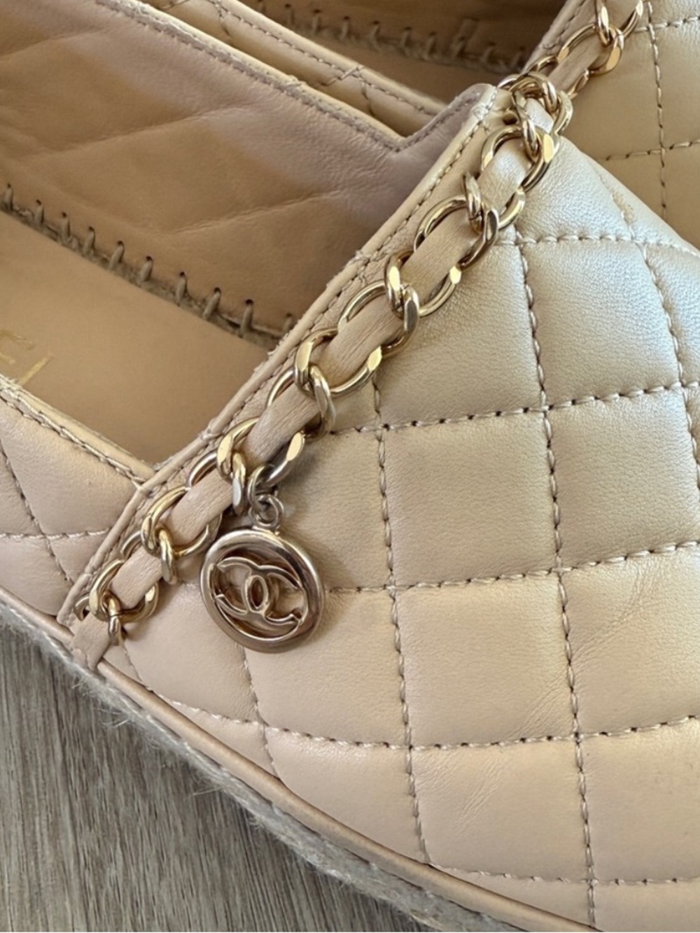 CHANEL Quilted Beige Leather Espadrilles with Black Cap Toe & Gold Chain - Picture 7 of 8